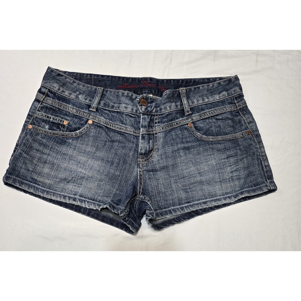 Vtg Madison Denim Co Jean Shorts Size 13/14 Blue Stretch 2.5" Y2K Low Rise